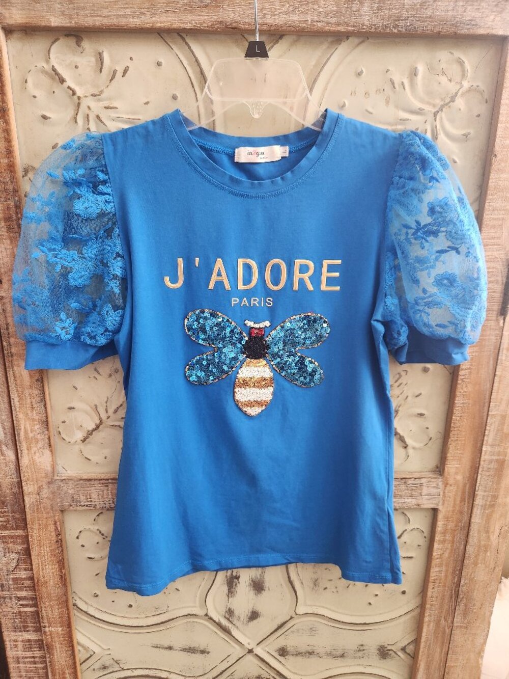 J'Adore Paris Tee with Sequined Bee with Lace Puff Sleeves | Large